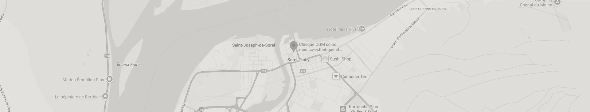 Carte de localisation de la Clinique CGM soins médico-esthétiques à Sorel-Tracy, près de Saint-Joseph-de-Sorel.