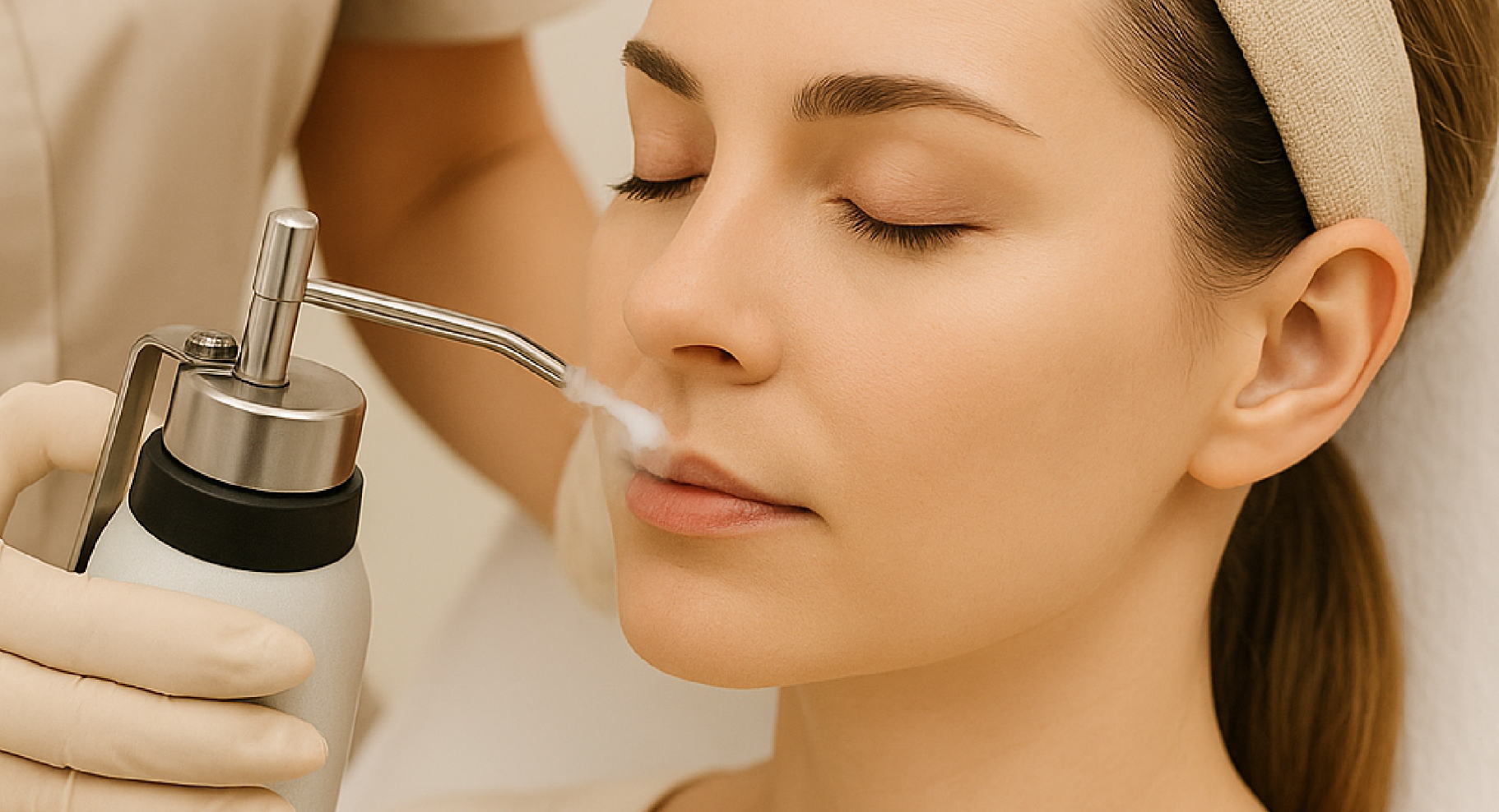 Traitement esthétique à l’azote liquide appliqué sur le visage d’une femme, avec un embout diffusant de la vapeur au niveau de la lèvre supérieure.