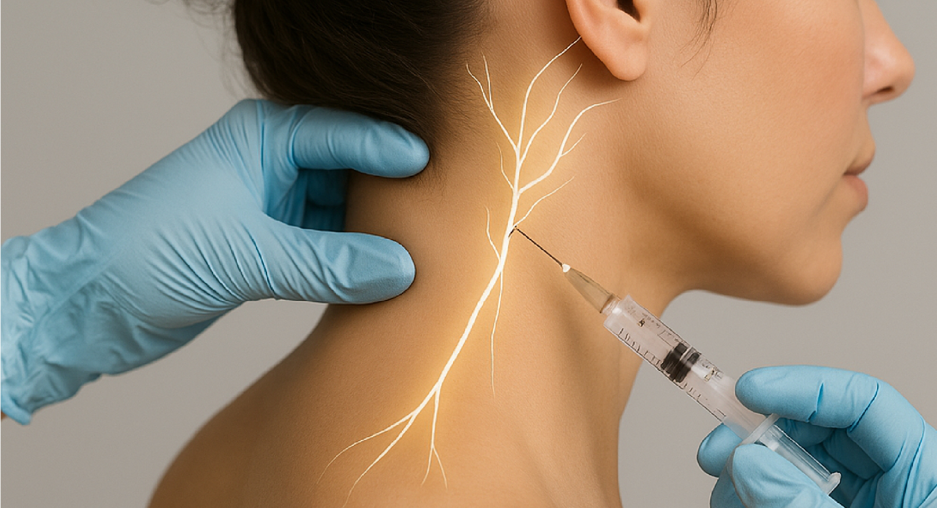 Injection au niveau du cou d’une femme pour cibler le nerf d’Arnold, illustré par un tracé anatomique.