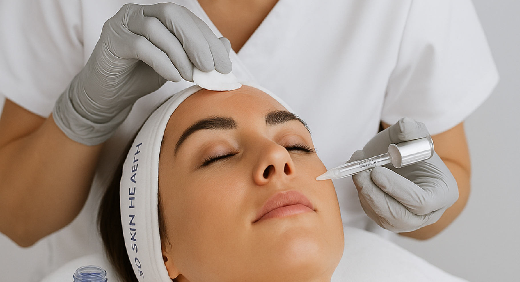 Application d’un peeling ZO® Skin Health pour exfolier, unifier le teint et améliorer la texture de la peau.