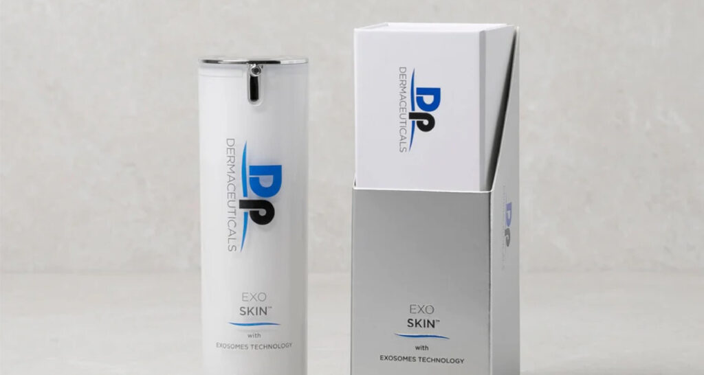 Produit Exo Skin de Dermaceuticals avec technologie aux exosomes, présenté avec son emballage.