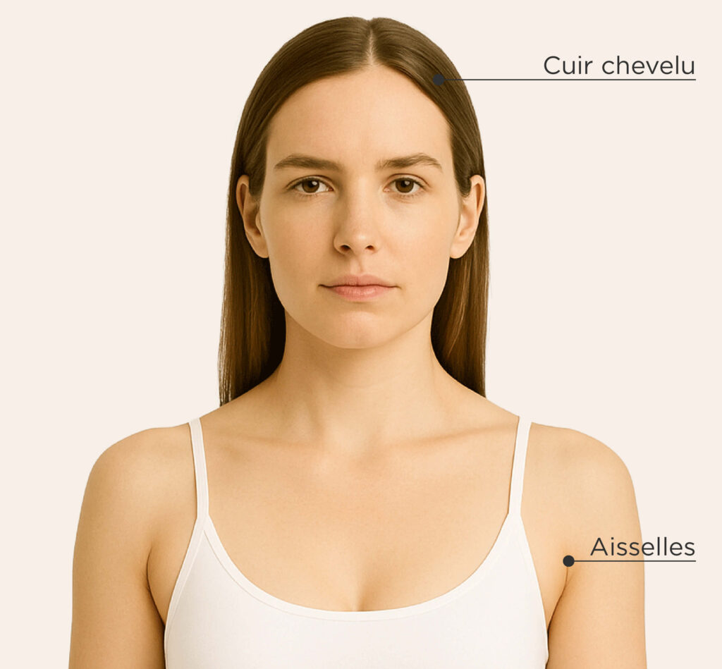 Zones de traitement de l’hyperhidrose chez la femme : aisselles et cuir chevelu.