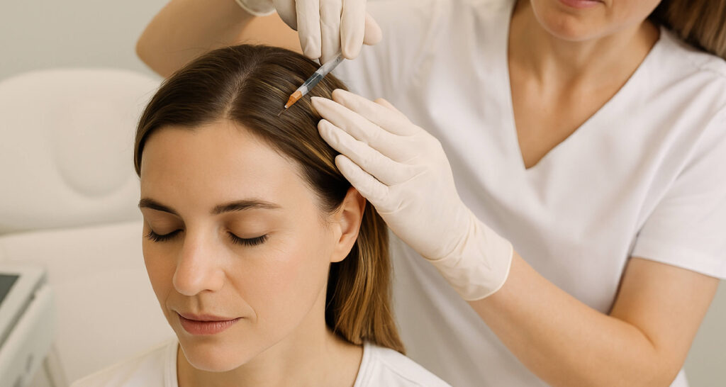 Injection capillaire : une femme reçoit un traitement PRP ou mésothérapie au cuir chevelu pour stimuler la repousse des cheveux, en clinique médico-esthétique.