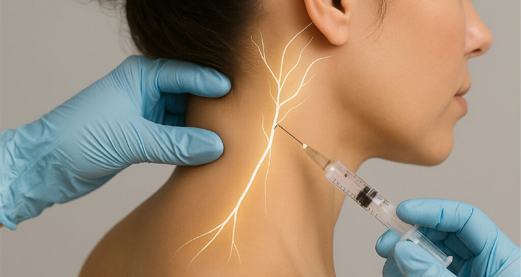 Injection au niveau du cou d’une femme pour cibler le nerf d’Arnold, illustré par un tracé anatomique.