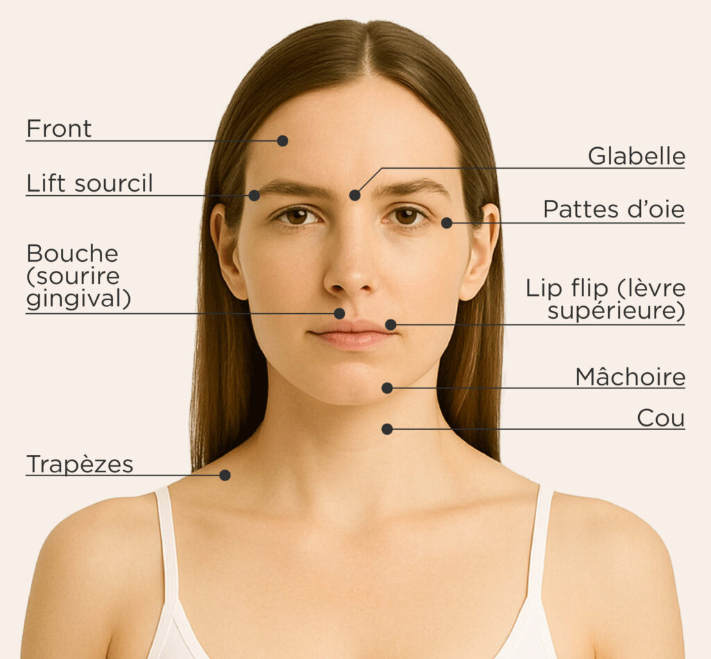Zones traitables pour le traitement aux neuromodulateurs chez la femme : front, glabelle, pattes d’oie, lift sourcil, bouche (sourire gingival), lip flip (lèvre supérieure), mâchoire, cou, trapèzes.