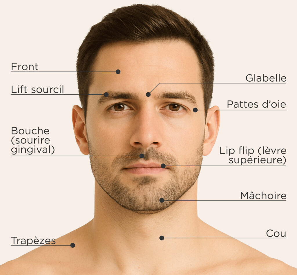 Zones injectables chez l’homme (Injection de neuromodulateurs) : Front, glabelle, pattes d’oie, lift sourcil, bouche (sourire gingival), lip flip (lèvre supérieure), mâchoire, cou, trapèzes.