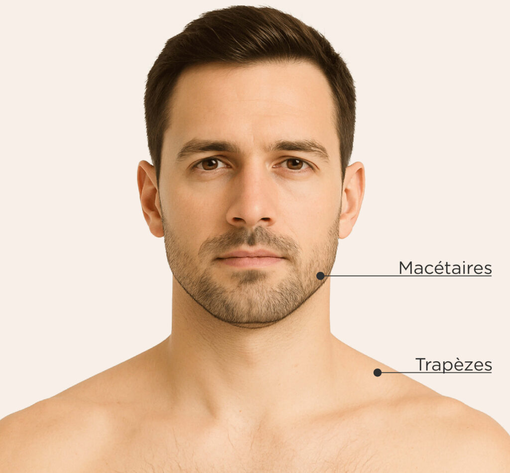 Zones traitables chez l’homme pour le traitement avec neuromodulateurs thérapeutiques : masséters, trapèzes.