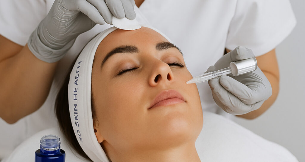 Application d’un peeling ZO® Skin Health pour exfolier, unifier le teint et améliorer la texture de la peau.
