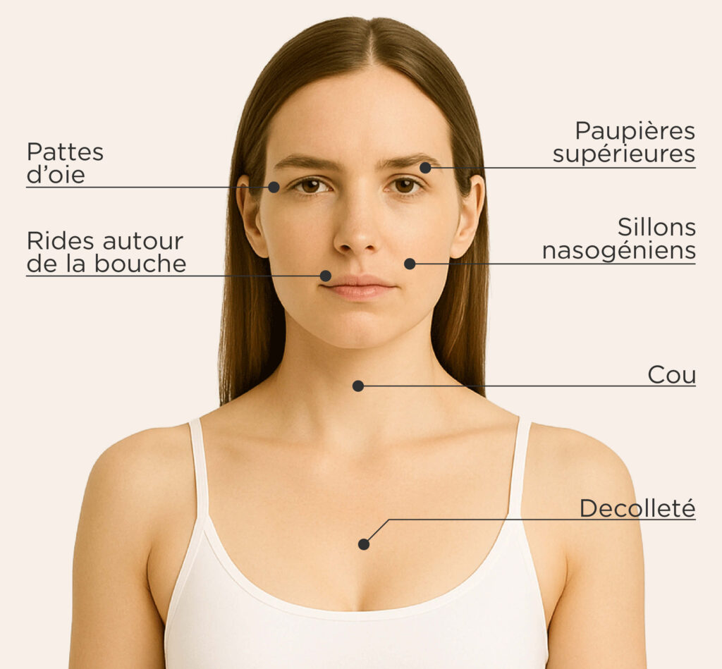 Zones traitables pour le traitement Plasma IQ chez la femme : pattes d’oie, paupières supérieures, sillons nasogéniens, rides autour de la bouche, cou, décolleté.