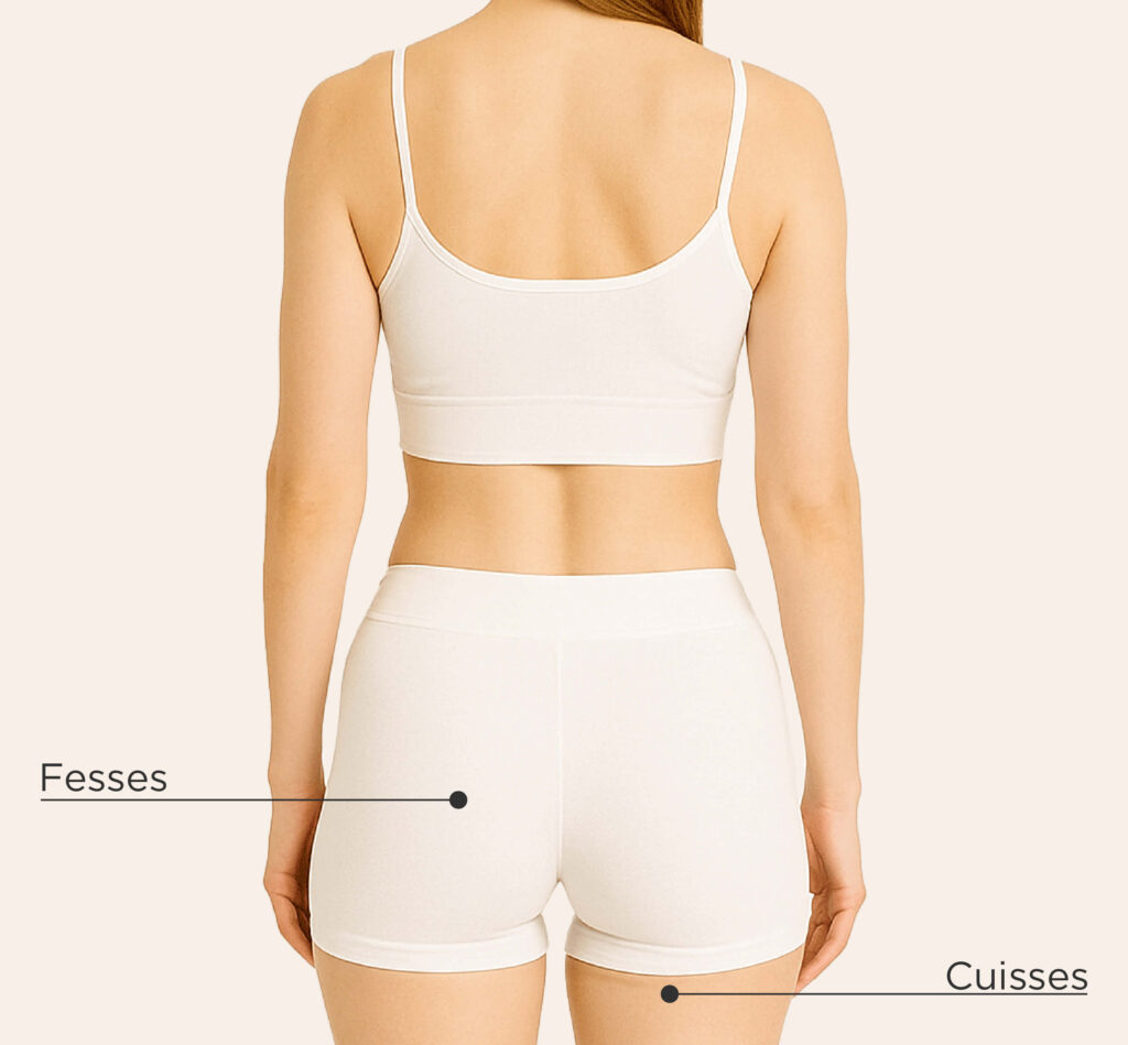 Zones traitables avec Sculptra sur le corps féminin : fesses et cuisses (vue arrière).
