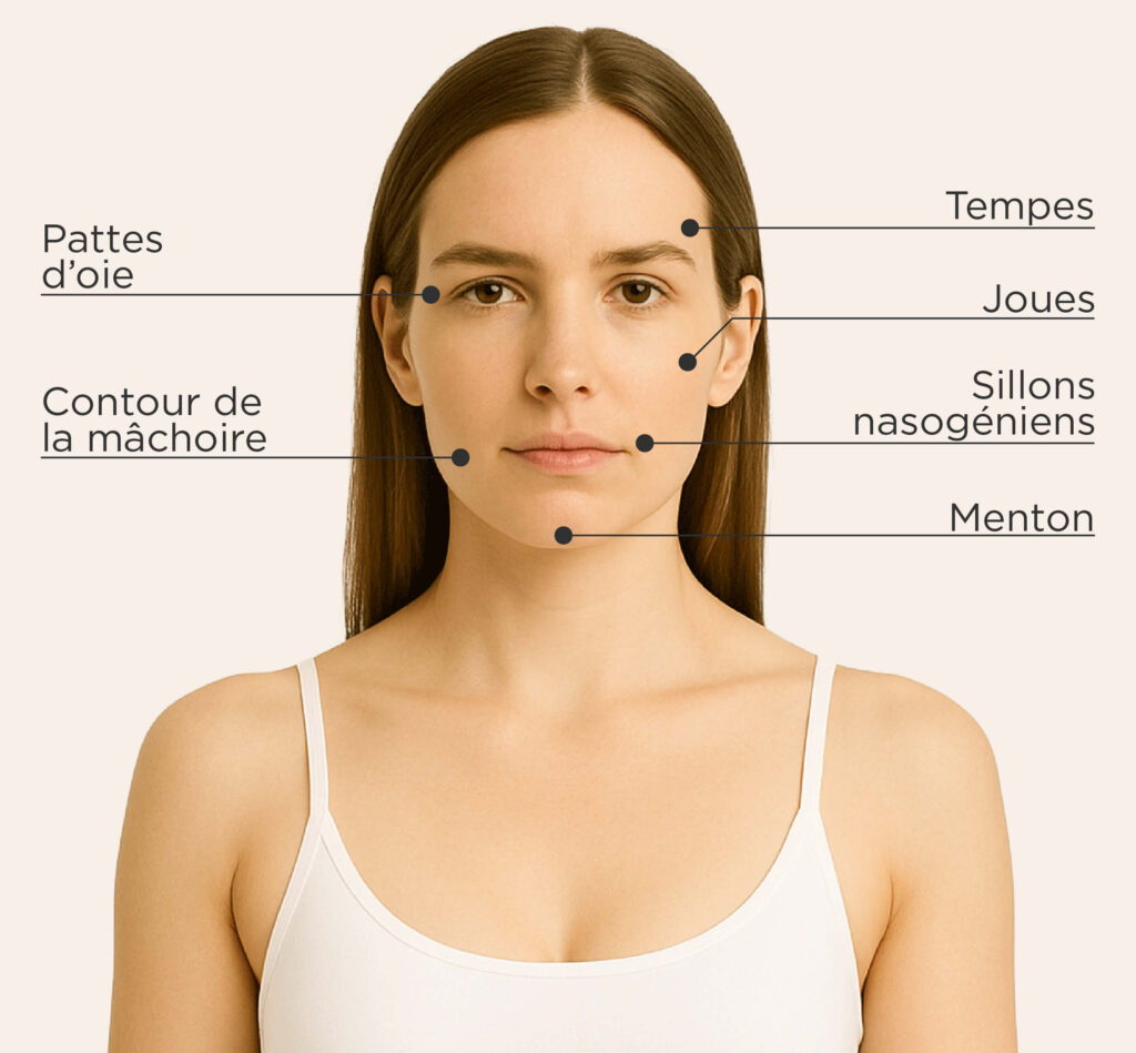 Zones traitables avec Sculptra sur le visage féminin : tempes, joues, sillons nasogéniens, menton, contour de la mâchoire et pattes d’oie.