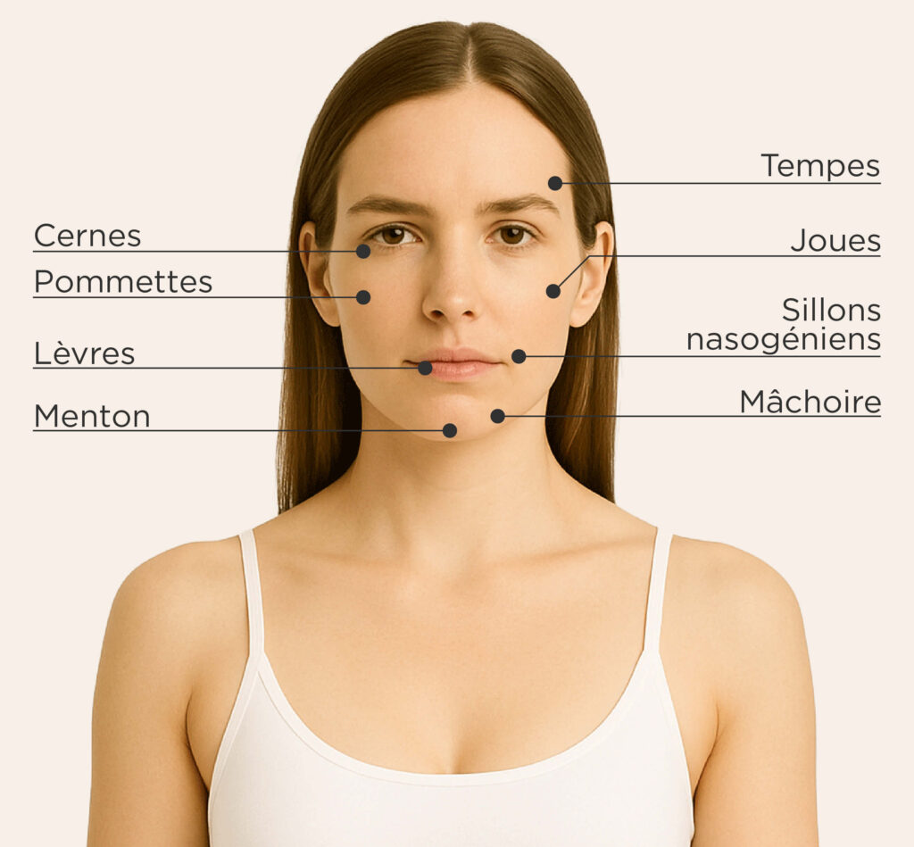 Zones traitables pour le traitement à l’acide hyaluronique chez la femme : tempes, cernes, pommettes, joues, sillons nasogéniens, lèvres, menton, mâchoire.